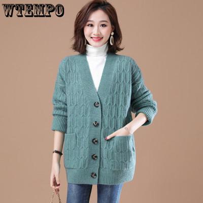 Large Size Women's Knitted Cardigan with Thick Loose Versatile Coat, Solid Color Sweater Jacket