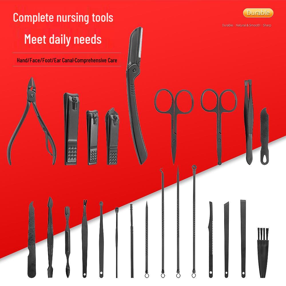 24-Piece Manicure Set: Black and Red Nails, Ear Pick, Oblique Clippers, Nose Hair Scissors, Tweezers