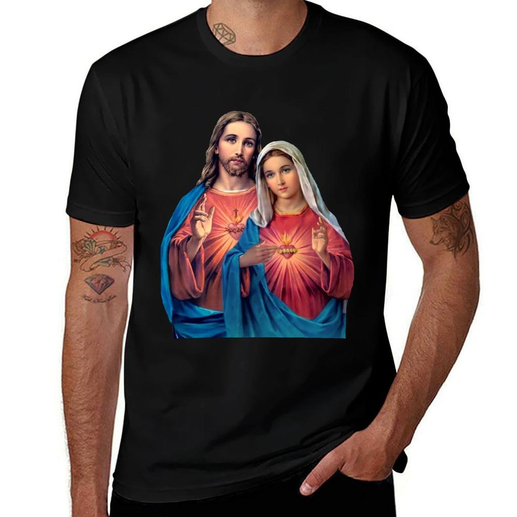 Twin Hearts Very Close Together I Jesus And Mary Transparent Background Tshirt Simple Casual Short Sleeve Cotton Tshirt