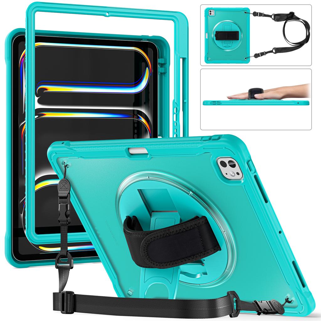 For iPad Pro 13 (2025)/(2024) Case Hand Strap Kickstand PC+TPU+Silicone Cover with Shoulder Strap