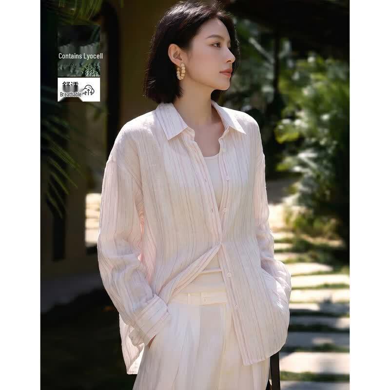 Women s Striped Lyocell Blend Long Sleeve Commuter Shirt M