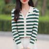 2025 Spring Women's Striped Knit Cardigan with Polo Collar - Versatile Long Sleeve Sweater Top