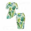 Women Plus Size Round Neck Short Sleeve Tropical Print Asymmetric Top Fitted Skirt Two Piece Set
