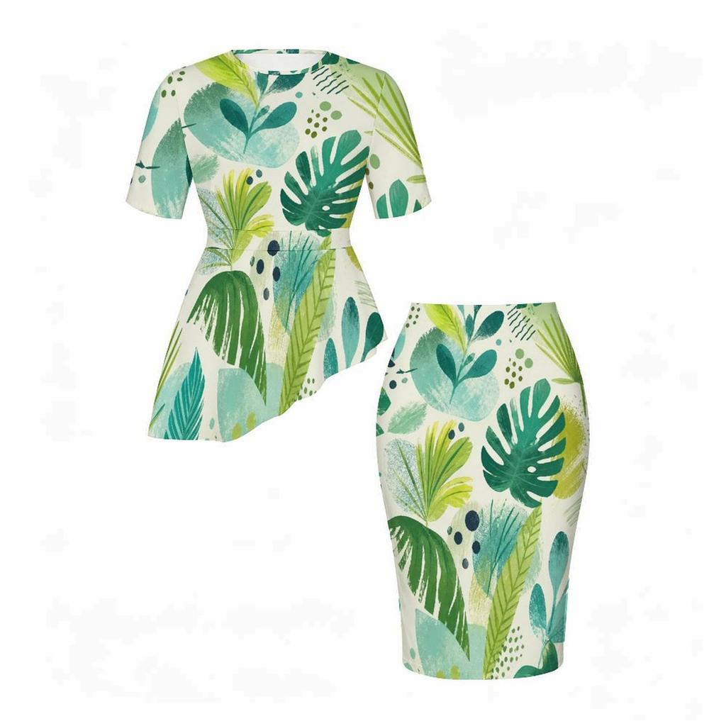 Women Plus Size Round Neck Short Sleeve Tropical Print Asymmetric Top Fitted Skirt Two Piece Set