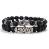 Set de 2 Pulseras para Hombre Color Plata Vintage Ojos Turcos Mano de Fátima Pulsera Ojo de Tigre Natural Pulsera de Perlas de Lava Sodalita