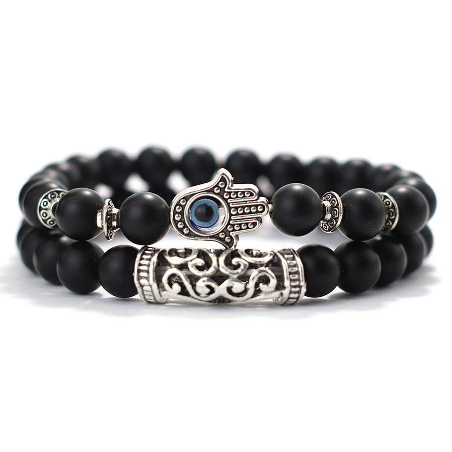 

Retro Fatima Hand Bracelet Set Men 8mm Volcanic Rock Tiger Eyes Sodalite Stone Energy Healing Braslet Gourmette Homme Pulseria онікс