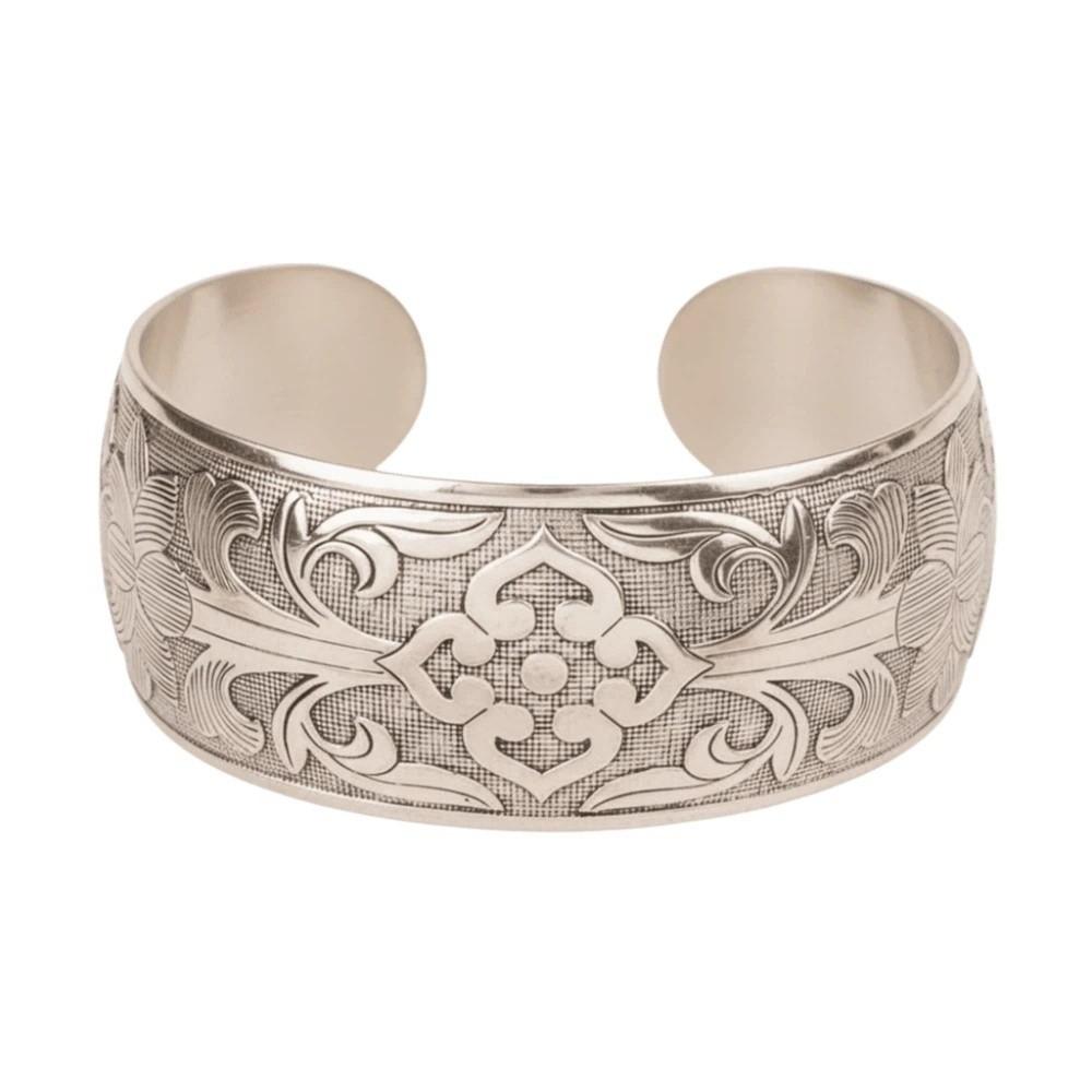 

Elephant Carved Wide Bracelet Lotus Vintage Silver Opening Bangle Golden Geometric Pattern Thai Wrist Jewelry