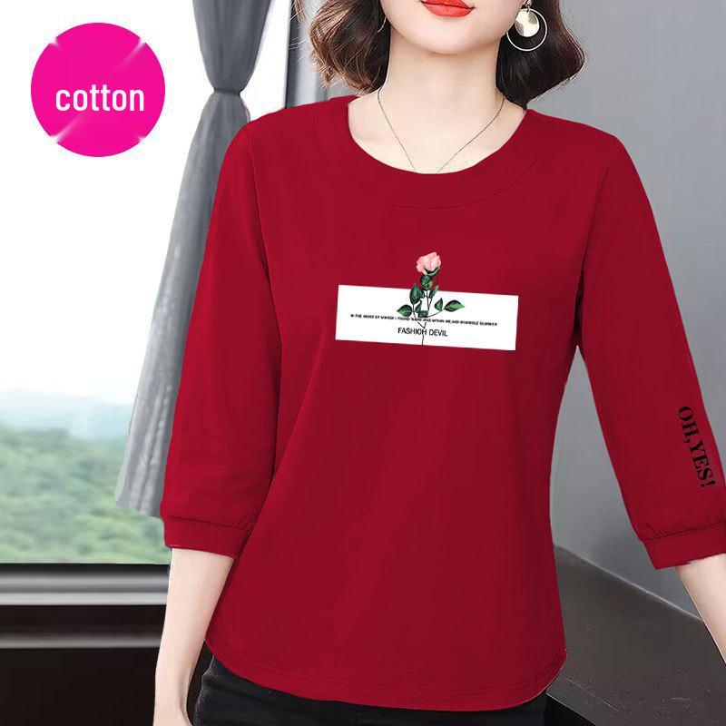 Premium Women's Cotton Seven-Sleeve T-Shirt - Korean Style, Summer 2025, Casual Loose Fit, Belly-Covering, Slimming, Versatile Top