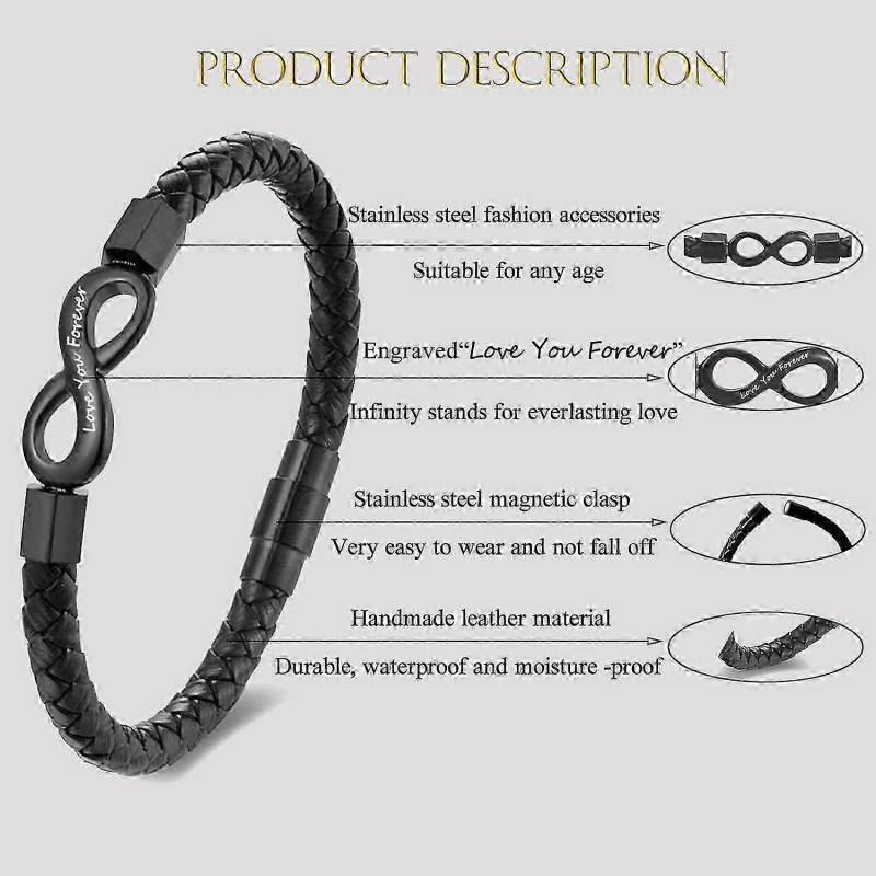 To My Man, I Love You Forever & Always Infinity Leather Bracelet, Mens Stainless Braided Leather Bracelet with Magnetic Clasp, Christmas Birthday Vale