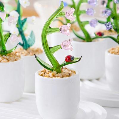 Hand Blown Mini Glass Flower Figurine Faux Crystal Small Lily of The Valley Flower with Pot for Wedding Mother's Day Office Home Table Centerpiece