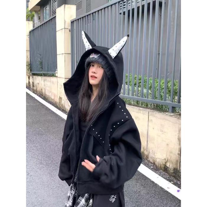 

American High Street Rivet Hooded Cardigan Sweatshirt for Women - Autumn/Winter, Loose Fit, Zipper Jacket with Unique Design 2XL чёрный