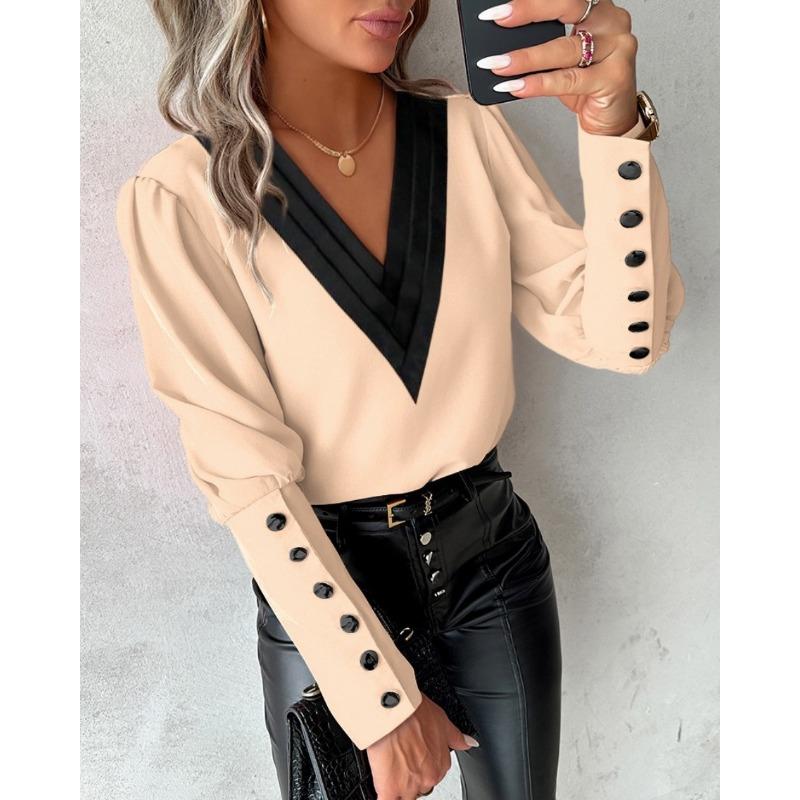 V-neck Long Sleeve Buttons Loose Women Blouse Spring Autumn Fashion Office Shirt Casual Color Patchwork Fashion Elegant Simple Streetwear Vintage Tops