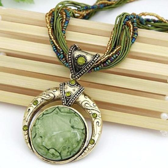 Round Unique Carved Bohemian Vintage Necklace Lady Multilayer Beads Chain Pendant Necklace Jewelry Accessories
