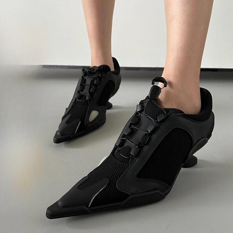 Fashion 2025 Spring Black Pointed-toe Sporty High Sneaker Heels Women's Mesh Boxing Casual Shoes Brand Design Fashion Sexy Shoes