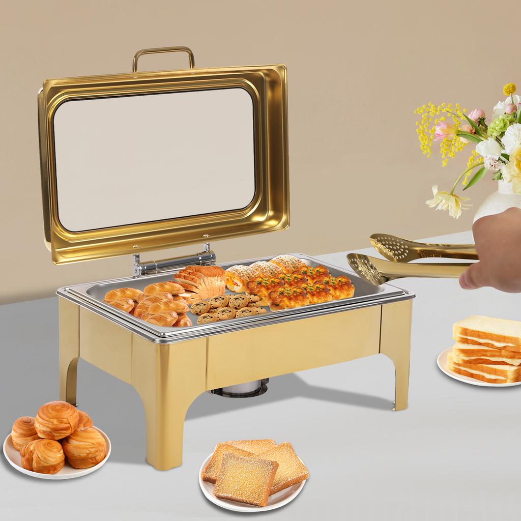 Gold 10L Single Compartment Buffet Chafing Dish, Commercial Food Warmer with 201 Stainless Steel Frame & Pans, Heated Server