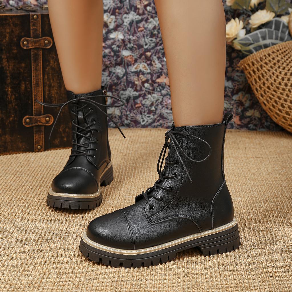 New Platform Mid-leg Boots Fall/Winter 2025 Casual British Style Side Zipper Martin Boots Women's Black
