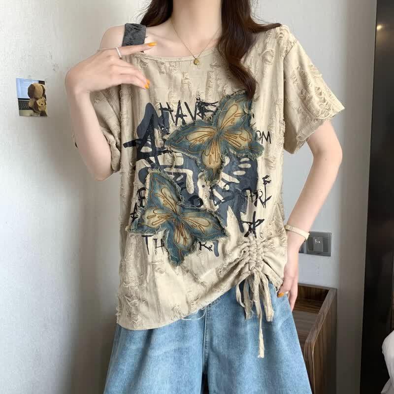 La Chapelle Damen Sommer One-Shoulder Schmetterlings-Cutout Kurzarm T-Shirt