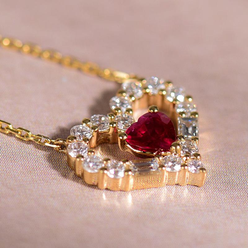 S925 Sterling-silver Necklace Double Heart Cupid Ruby Love Heart Pendant Clavicle Chain