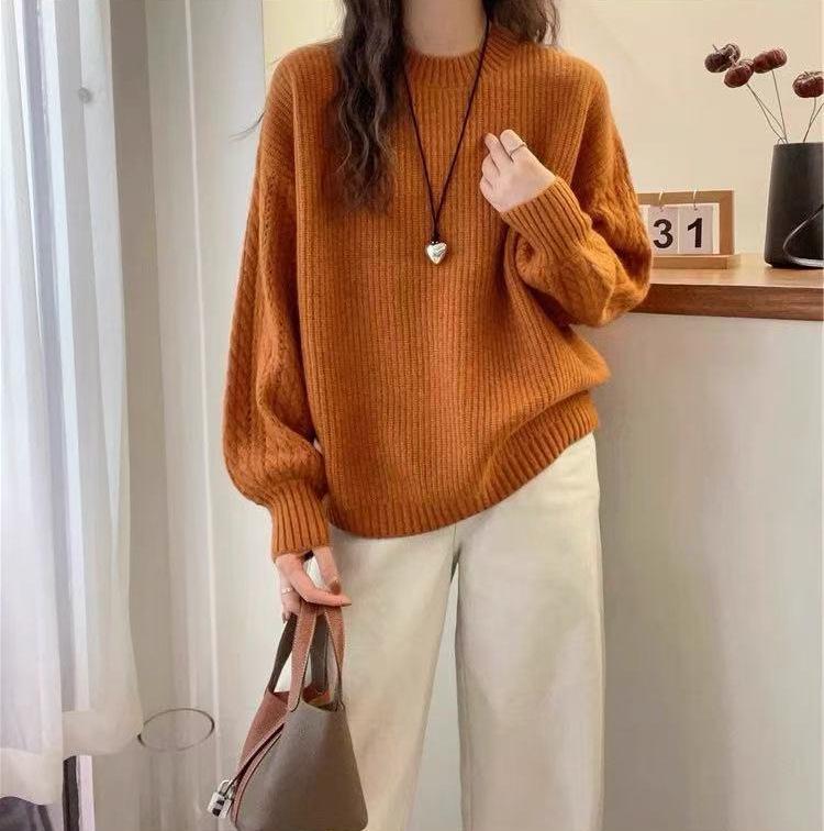 Women's Heavyweight Wool Round Neck Sweater, Autumn/Winter Korean Style, Twisted Cable Knit, Long Sleeve, Warm Cashmere Base Layer
