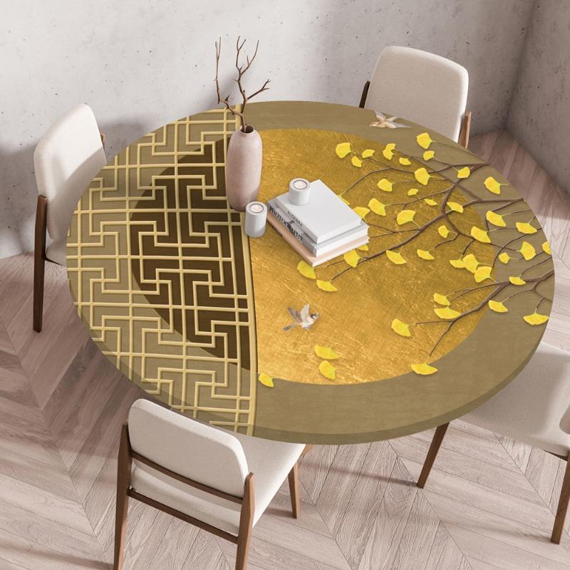 Waterproof Oil-Proof Reusable Tablecloths Round Tablecloth Wood Texture Tablecloths Elastic Fitted Home Round Table Cover