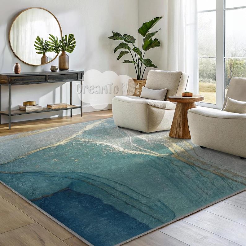 Turquoise Ocean Marble AbstractRug,Elegant Coastal Aqua Decor,Golden Veined Watercolor Interior Mat,Teal Beach Inspired