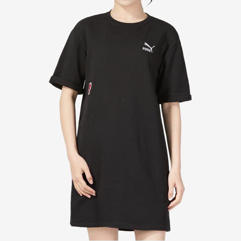 Puma Back Print Breathable Round Neck Casual Sport Pullover Midi Fitted Short Sleeve Dress Women Dress Black 623257-01