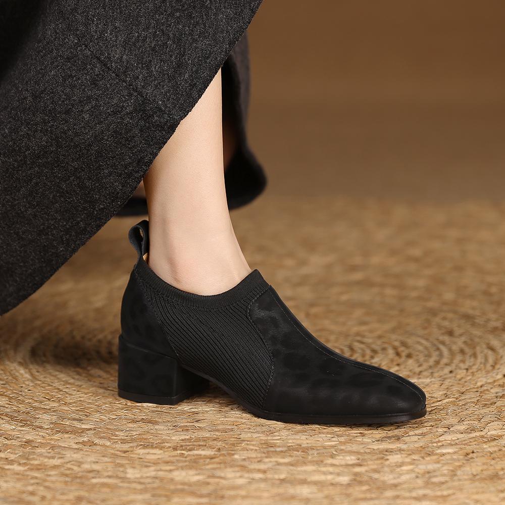 Fashion 2025 Spring New Genuine Leather Soft Work Shoes Women High Heel Stretch Square Toe Slip On Brown Black British Style Heels Women