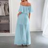 Women Off Shoulder Bohemian Style Short Sleeve Maxi Dress Lightweight Sheer Overlay Summer Beachwear Casual Long Dress