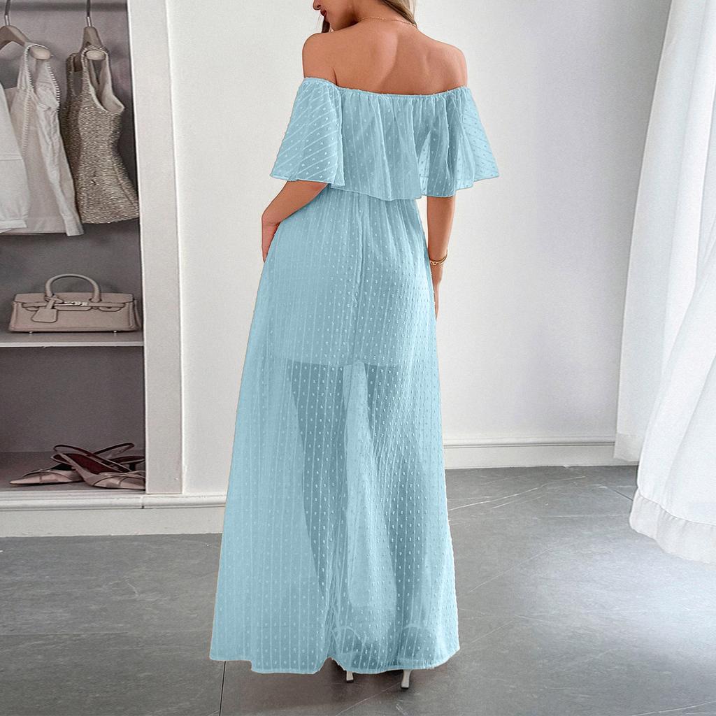 Women Off Shoulder Bohemian Style Short Sleeve Maxi Dress Lightweight Sheer Overlay Summer Beachwear Casual Long Dress