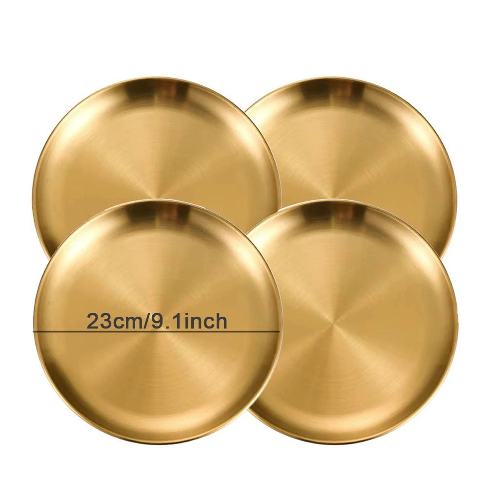 4PC Metal Dining Dish Stainless Steel Round Plate Shallow Tray BBQ Picnic Camping Food Container Tableware Dessert Plate Kitchen