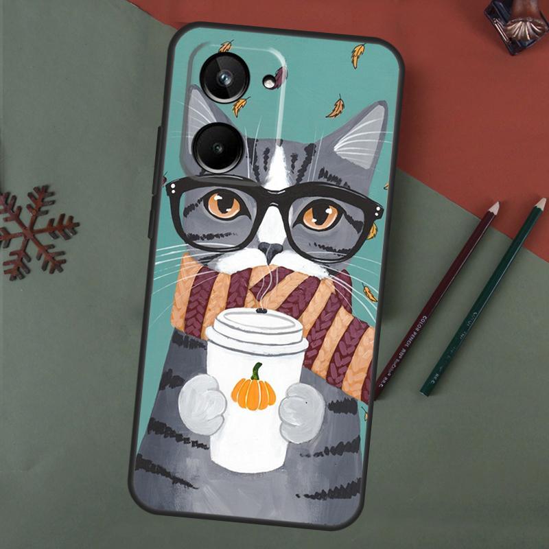 Cute Coffee Milk Cat Case For Realme C61 C53 C55 C33 C63 C51 C65 C67 C71 C75 11 12 13 14 15 Pro Plus GT6 GT7 Pro