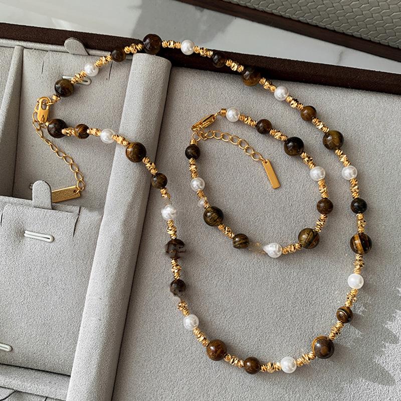 Real Gold Electroplated Retro Tiger'S Eye Stone Pearl Necklace Niche Design Temperament Light Luxury Fashion Ethnic Style Collarbone Chain