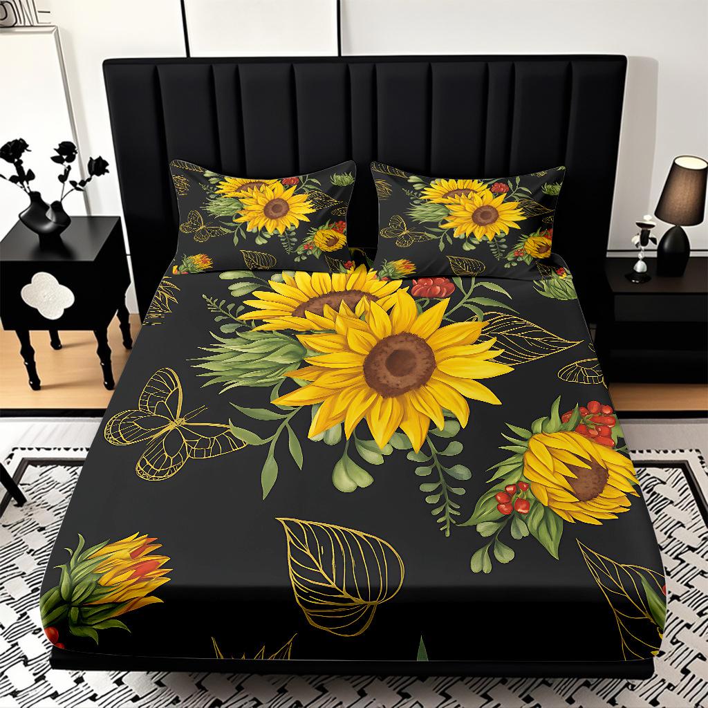 Home Textiles Sunflower Pattern 3D Digital Printing Sanded Sheet Three-Piece Set, Pattern