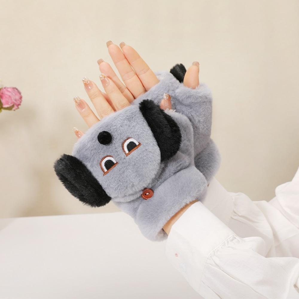 Dog Cartoon Plush Mittens Thickened Flip Cover Plush Gloves All-Match Half Finger Gloves  Winter