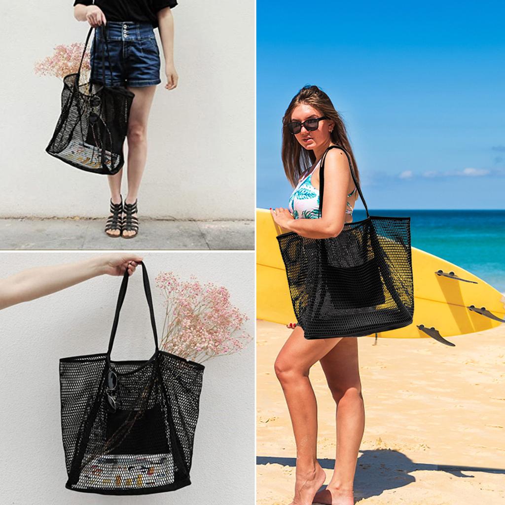 Mesh Beach Bag Single Shoulder Handbag for Women Toiletries and Swimming Clothes Storage Bag 17.3x15.7x5 Inch Khaki