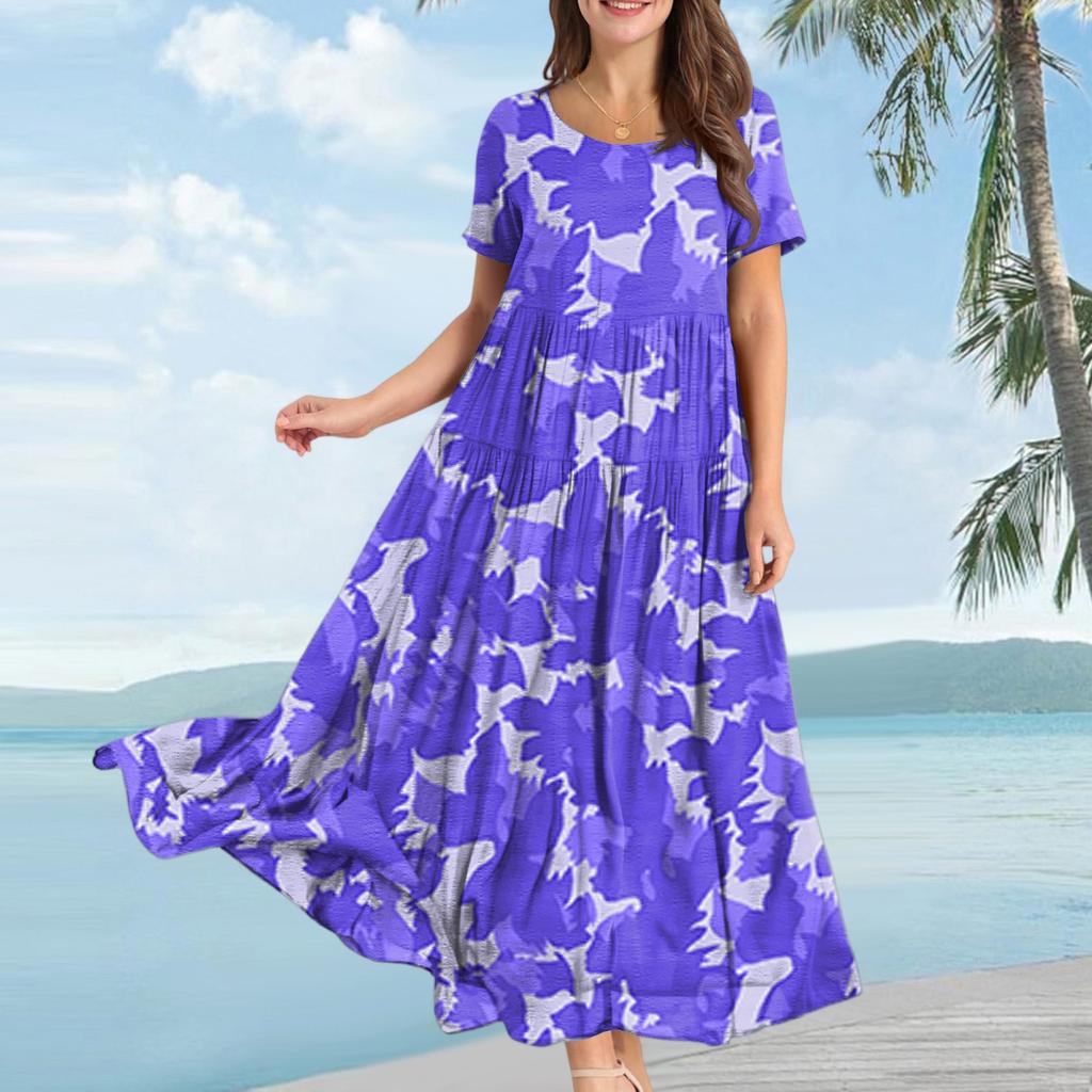 Women Casual Loose Bohemian Floral Dress Short Sleeve Long Maxi Summer Beach Swing Dress