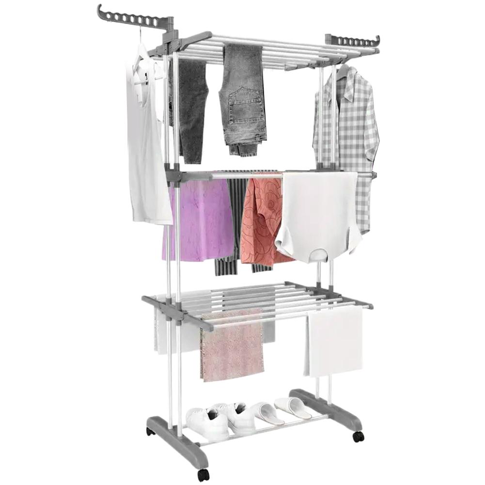 4-Tier Foldable Drying Rack Free Standing Movable Laundry Rack with 4 Castors Rolling Clothes Horses Dryer Rack W/ 4 Drying Pole