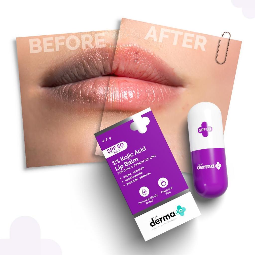 The Derma Co Balsam do ust z 1% kwasem kojowym SPF 50 PA+++ Z arbutyną i kompleksem peptydowym na ciemne usta 4,5 g