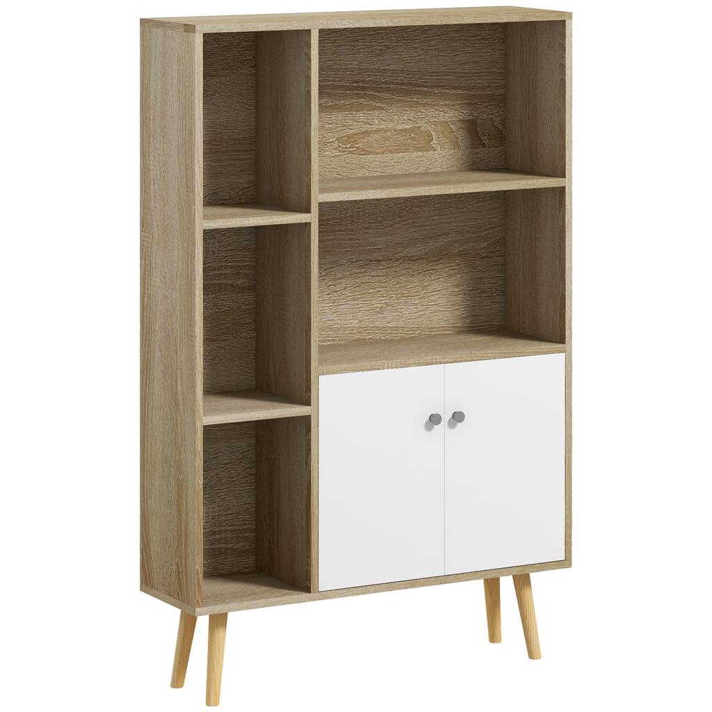 Scandinavian bookcase storage unit dim. 80L x 23.5W x 123H cm 5 open compartments 2-door cupboard tapered slanted legs