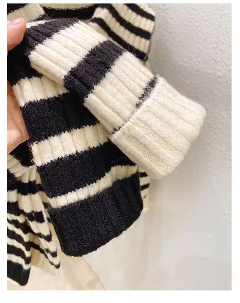 Women's 2024 Hot Style Thickened Striped Sweater with Navy Collar - Lazy Niche Design for Autumn and Winter