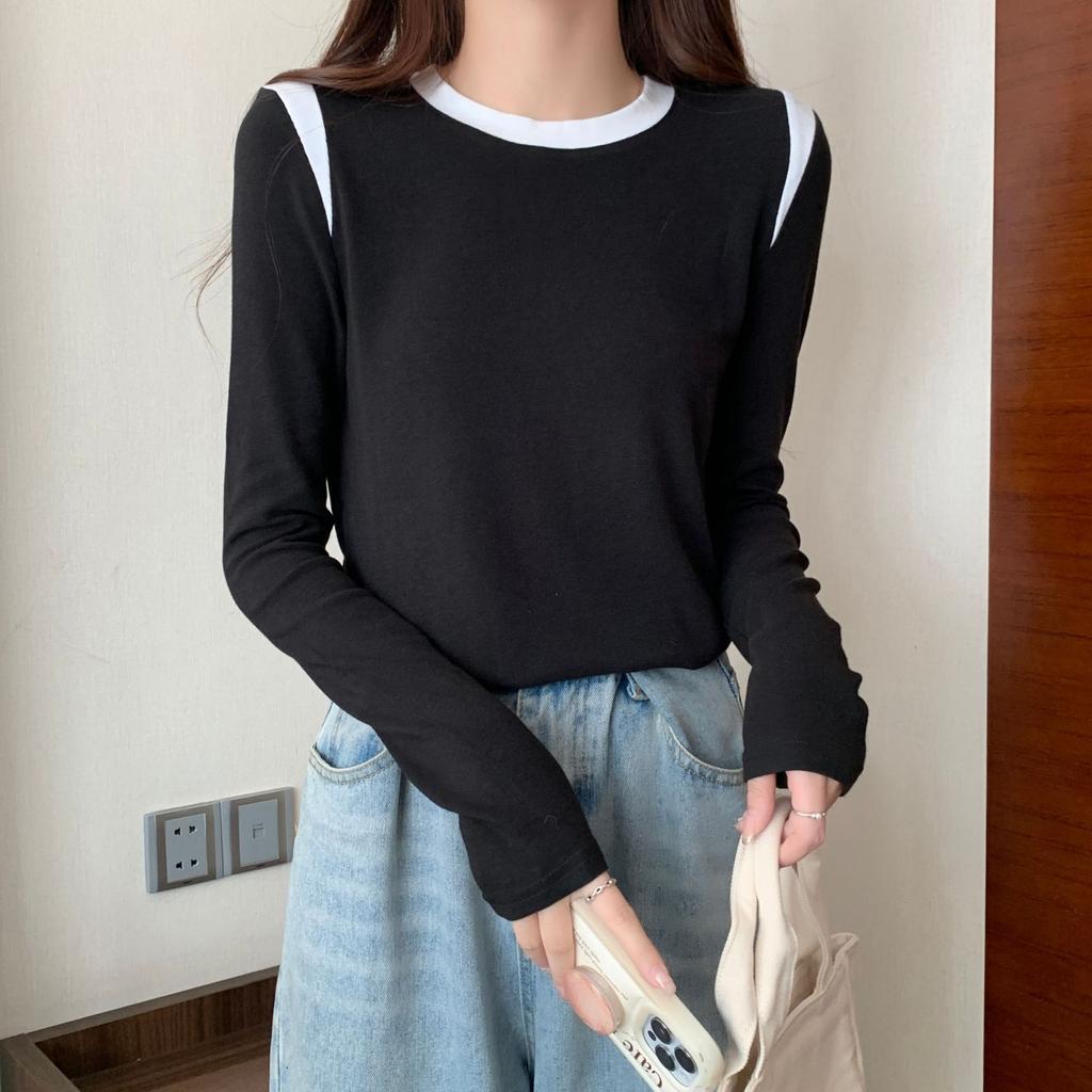 New Spring Base Shirt American Contrasting Slim and Slim Top Versatile Round Neck Loose Inner Sleeves