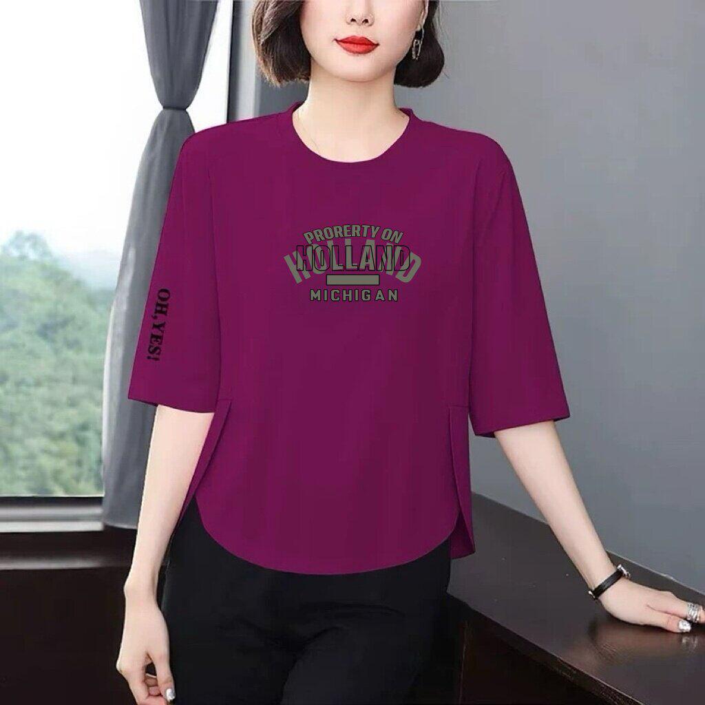 

Women s Stylish Letter Print Three-Quarter Sleeve Summer Top: Slimming, Belly-Covering, Versatile & Casual. 2X-Large