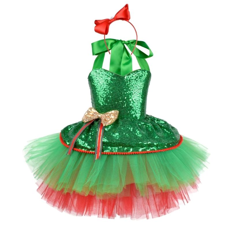 Girl Christmas Dress up Costume with Sequins Dress and Headband Christmas Princess Outfit for Girl Halloween Christmas
