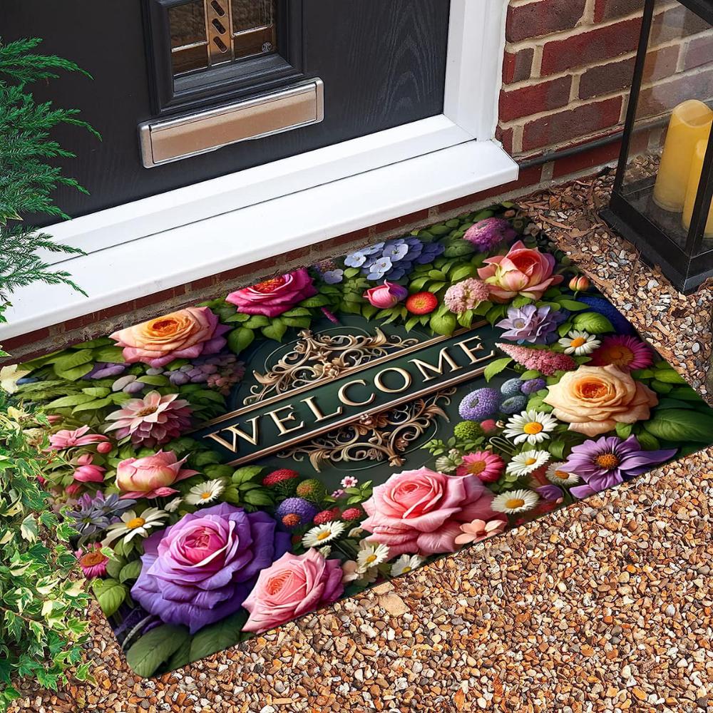 1pcs Wood Flower Pebble Welcome Rug Doormat NonSlip Entryway Rug Living Room Bedroom Kitchen Washable Outdoor Indoor Floor Mat