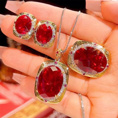 Bijoux Simulation Corindon Rouge Luxe Léger Ensemble de Bijoux Haut de Gamme 15 * 20-10-12