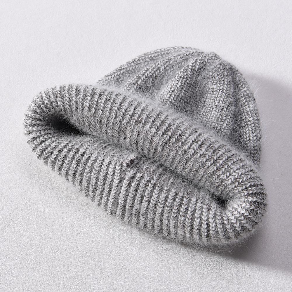 Autumn and winter mixed color rabbit velvet long hair knitted hat double-layer folded edge soft waxy comfortable versatile wool hat