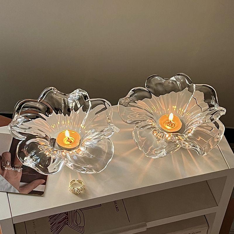 Elegant Glass Flower shaped Candle Holder Tabletop Decor Handmade Floral Decor Elegant Glass Candle Holder Decor Holiday Gift