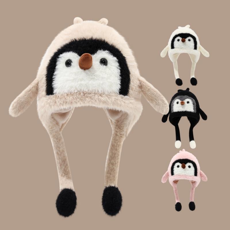Cute Cartoon Penguin Hat Kids Thermal Headgear Winter Baby Plush Ear Protection Hat Children Thick Fleece Earmuffs Cap Ties Beanie
