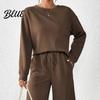 Round Neck Top And Wide-leg Pants Set 2 Pcs/Set Women Suit O Long Sleeves Solid Color Sport Loose Fit Sweatshirt Drawstring Elastic Waist Wide