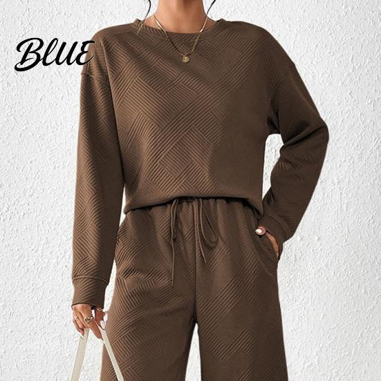 Round Neck Top And Wide-leg Pants Set 2 Pcs/Set Women Suit O Long Sleeves Solid Color Sport Loose Fit Sweatshirt Drawstring Elastic Waist Wide